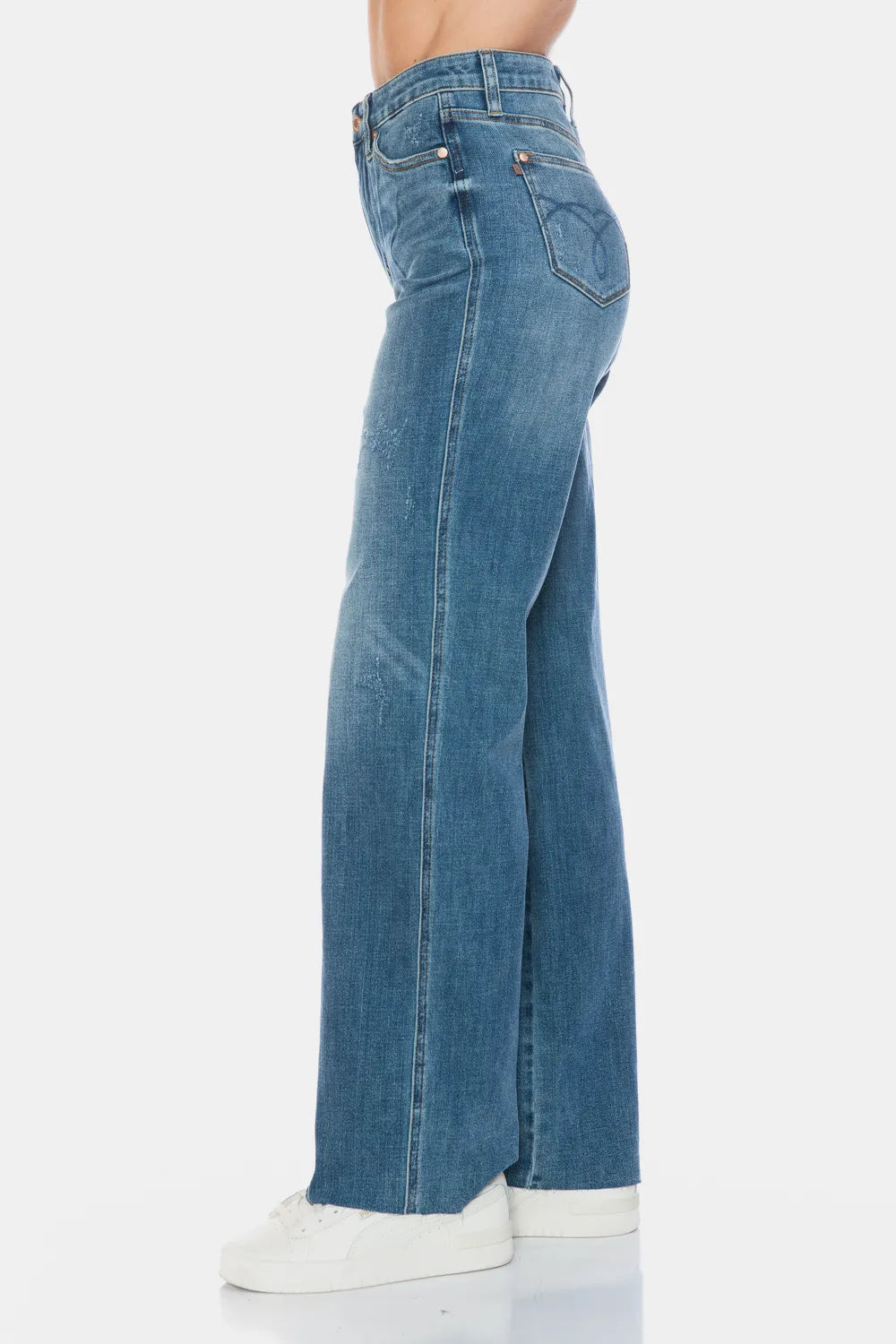Judy Blue full size tummy control straight jeans with raw hem, denim fabric, and classic five-pocket design.