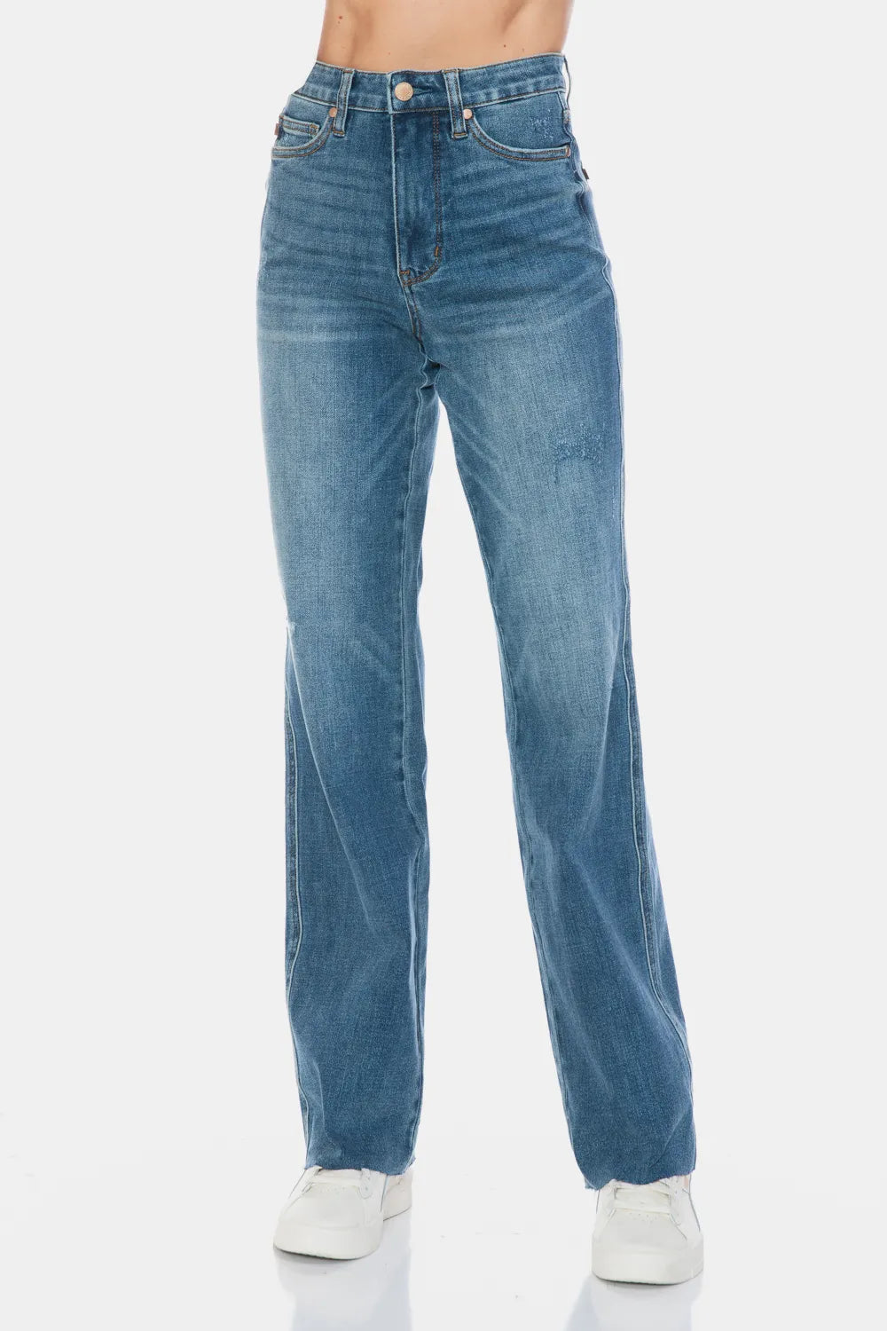 Judy Blue full-size straight jeans with raw hem and tummy control, showcasing a medium wash and classic fit.