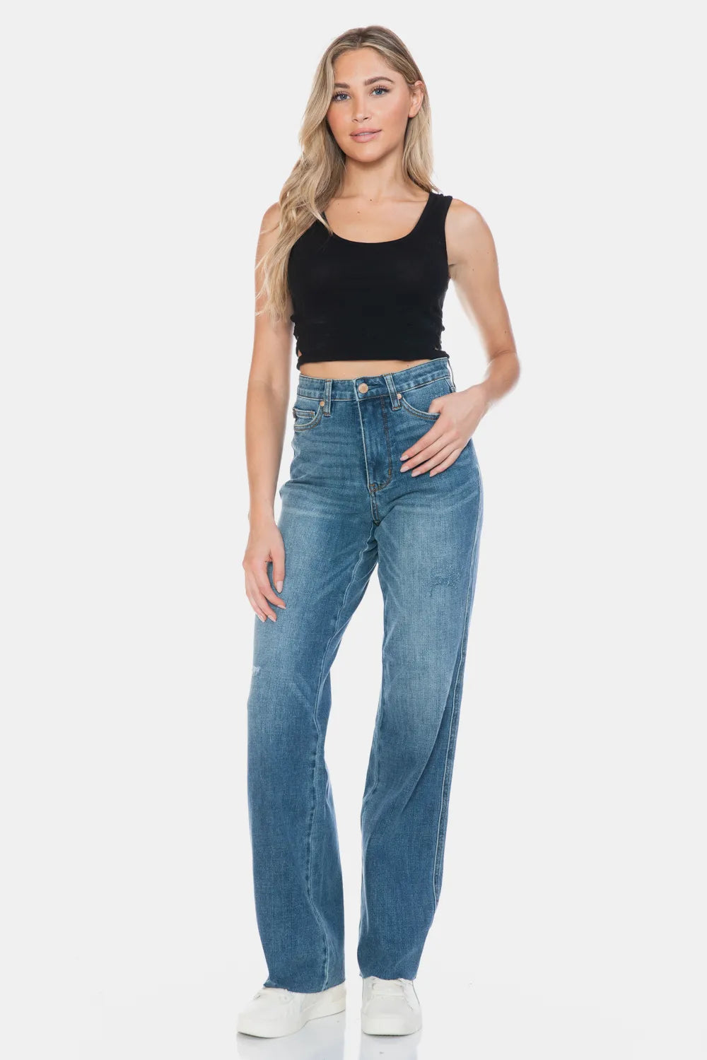 Judy Blue full-size straight jeans with cut raw hem and tummy control, featuring classic denim wash and fitted style.