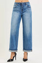 Risen elastic band slouch ankle boyfriend jeans with cuffed hem, casual denim style, featuring a relaxed fit and trendy design.
