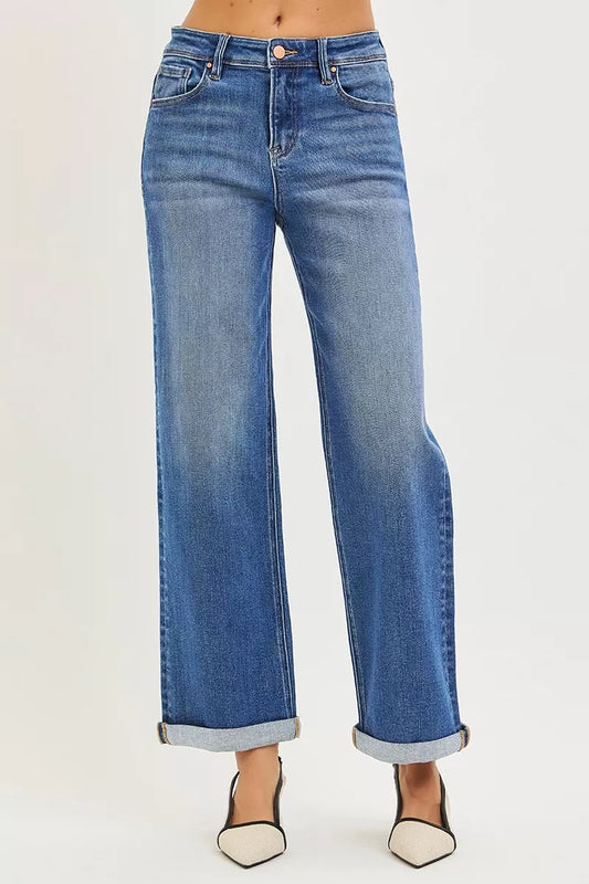Plus size Risen high-rise relaxed fit ankle straight cuff jeans by Trendsi, showing the denim's relaxed fit and cuffed hem.