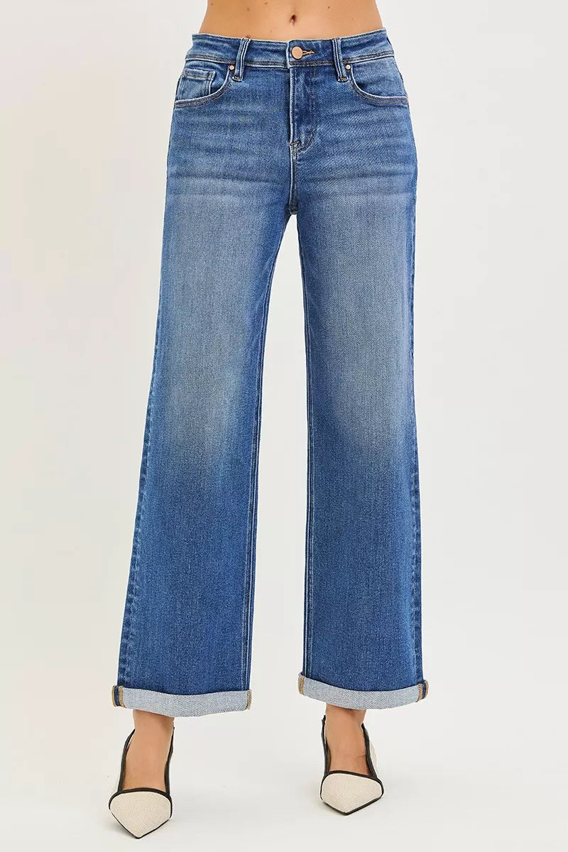 Plus size RISEN high-rise relaxed fit ankle straight cuff jeans by Trendsi, shown in a medium wash with cuffed ankles.