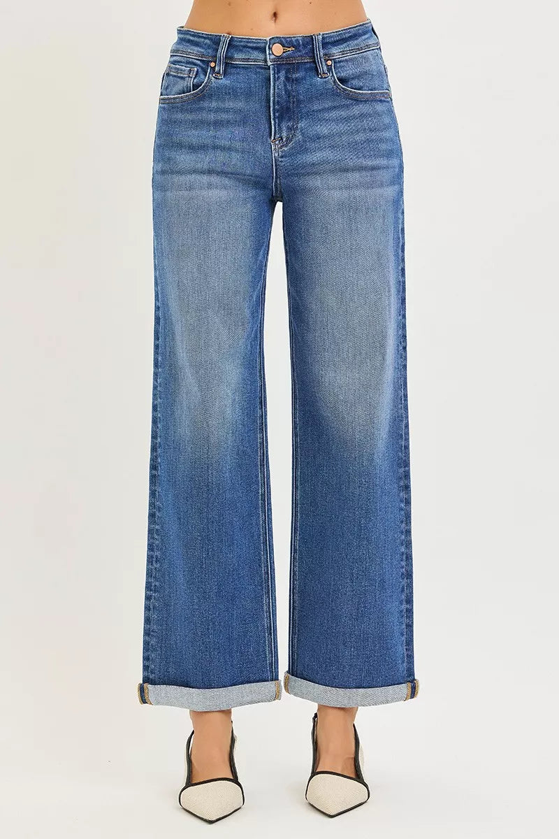 Plus size RISEN high-rise relaxed fit ankle cuff jeans by Trendsi, showing the straight-leg design and cuffed hems.