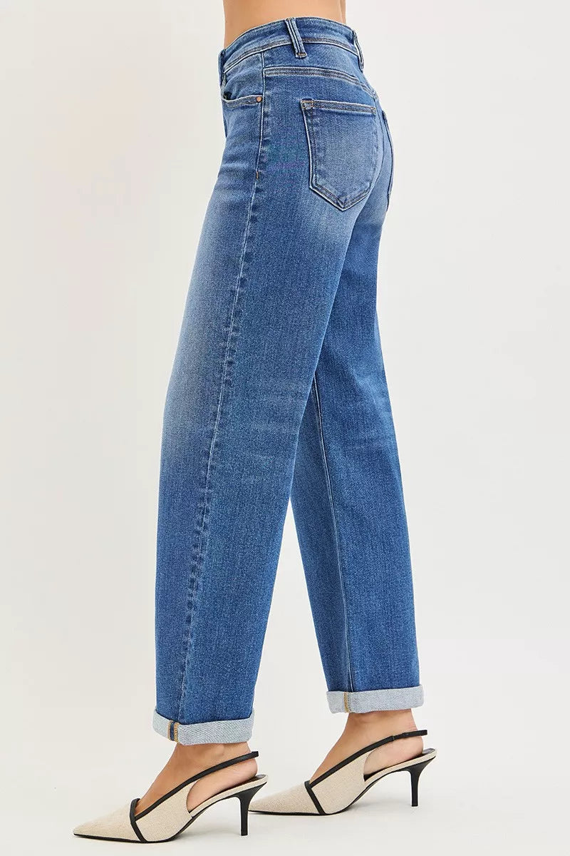 Plus size RISEN high-rise relaxed fit ankle cuff jeans by Trendsi, showcasing the straight leg design and denim fabric.
