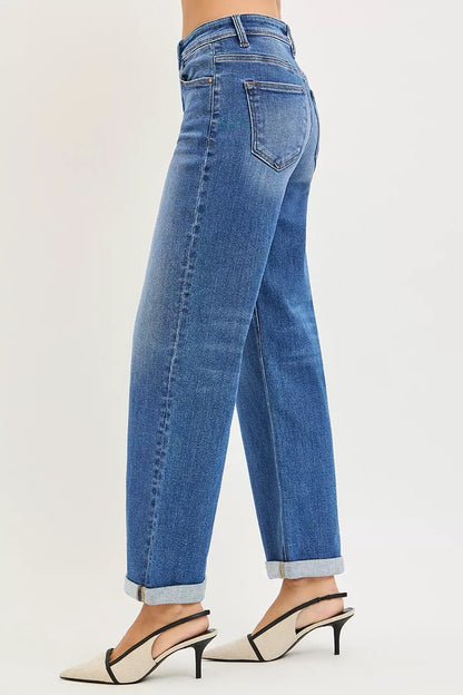 Plus size RISEN high-rise relaxed fit ankle cuff jeans by Trendsi, showcasing the straight leg design and denim fabric.