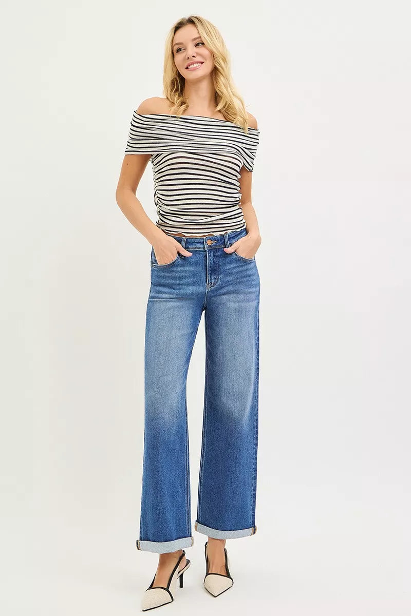 Plus size Risen high-rise relaxed fit ankle straight cuff jeans by Trendsi, showing the denim's fit and cuff detail.