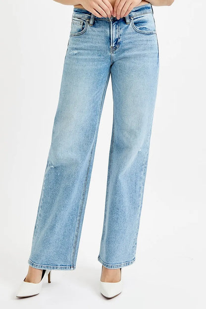 Plus size RISEN low-rise ankle boyfriend distressed jeans by Trendsi, showing the relaxed fit and distressed details.