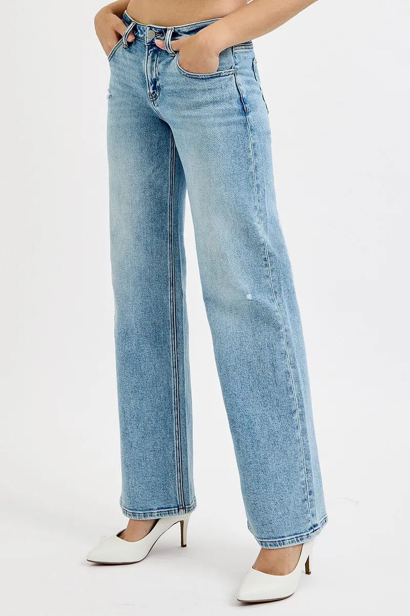 Risen full-size low-rise ankle boyfriend distressed jeans in plus size, featuring a relaxed fit and ripped details.