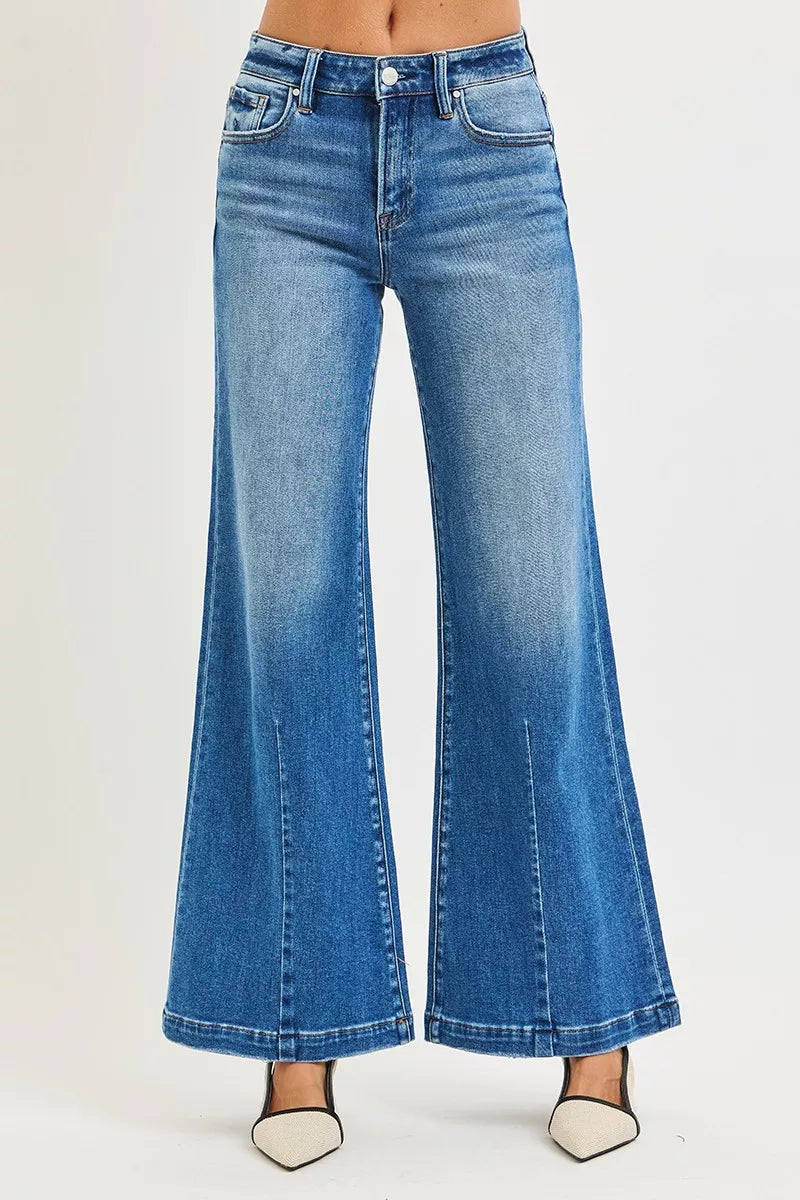 Plus size RISEN full size mid-rise wide-leg jeans with flared look, featuring classic denim and stylish fit.
