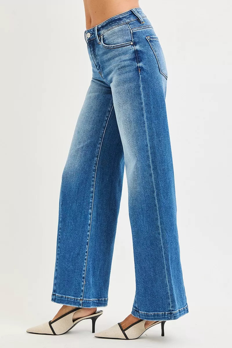 Plus size RISEN mid-rise wide leg jeans with flared look, stylish and comfortable fashion denim by Trendsi.