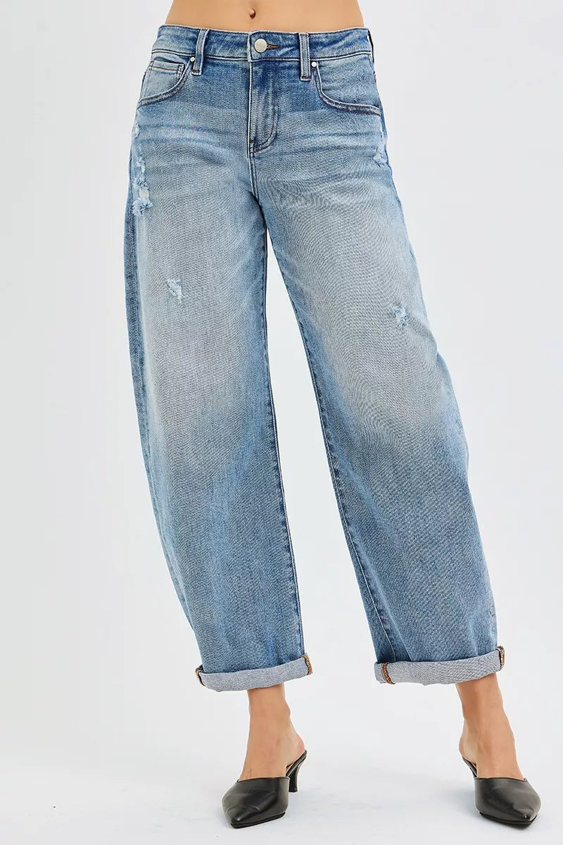 Plus size RISEN full-length slouchy ankle jeans with cuffs, barrel style, from Trendsi, showcasing relaxed fit and casual design.