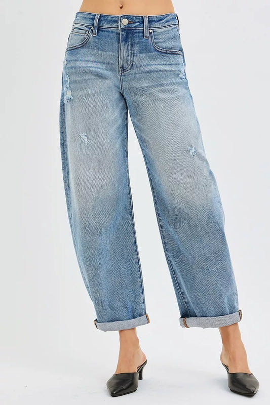 Plus size RISEN full-length slouchy ankle jeans with cuffs, barrel style, from Trendsi, showcasing relaxed fit and casual design.