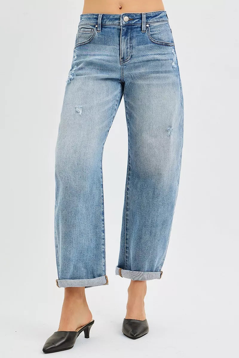 Plus size Risen full size slouchy ankle-length barrel jeans with cuffs, featuring a relaxed fit and trendy style.