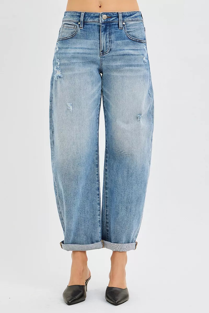 Plus size Risen full-size slouchy ankle-length barrel jeans with cuffs, featuring a relaxed fit and trendy style.