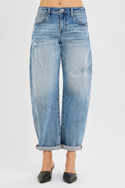 Plus size Risen full-size slouchy ankle-length barrel jeans with cuffs, featuring a relaxed fit and trendy style.