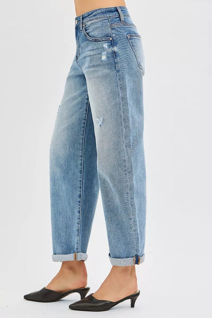 Plus size RISEN full-size slouchy ankle-length barrel jeans with cuffs, relaxed fit, denim, trendy plus-size fashion by Trendsi