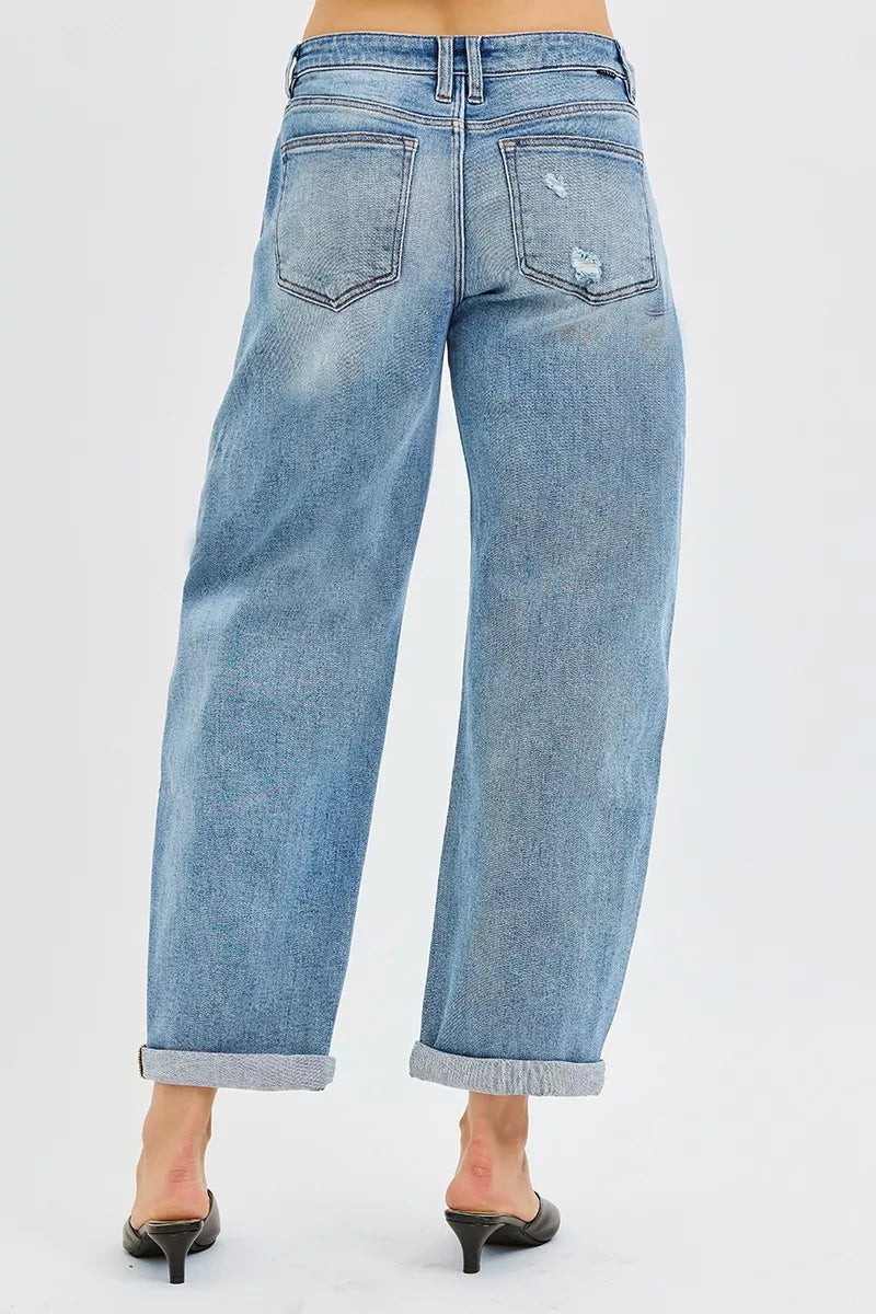 Plus size RISEN full size slouchy ankle-length barrel jeans with cuffs, featuring a relaxed fit and casual style from Trendsi.