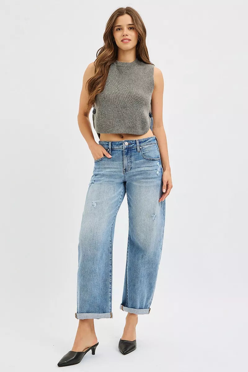 Plus size RISEN full size slouchy ankle-length barrel jeans with cuffs, casual denim pants from Trendsi.