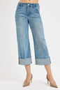 Plus size RISEN high-rise ankle wide-cuffed jeans with tummy control, made by Trendsi, shown with a fitted waist and cuffed hems.