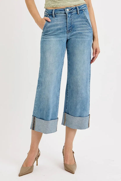 Plus size Trendsi RISEN high-rise ankle wide-cuffed jeans with tummy control, showcasing a medium shot of the full-length jeans.