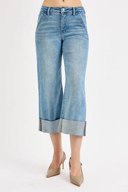 Plus size RISEN high-rise ankle wide-cuffed jeans with tummy control, featuring a relaxed fit and trendy design.