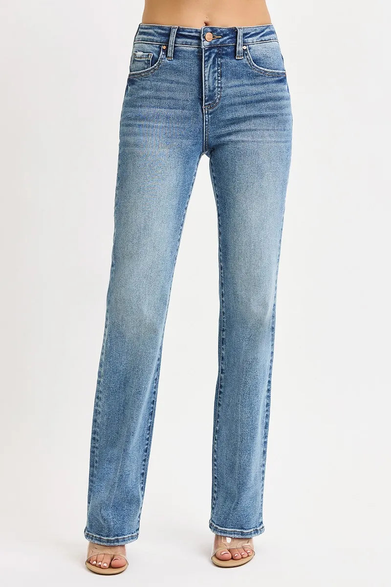 Plus size RISEN high-rise straight jeans with tummy control, showcasing a medium wash denim and classic fit.