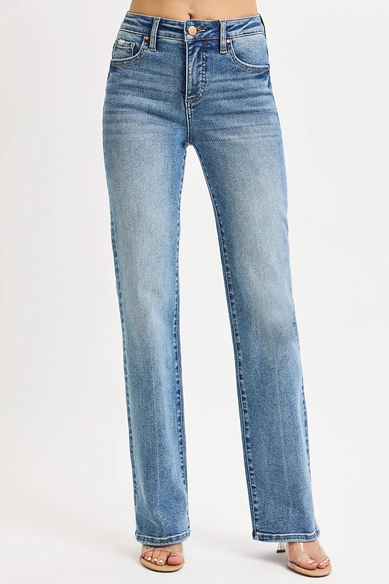 Plus size RISEN high-rise straight jeans with tummy control from Trendsi, shown in medium wash denim.