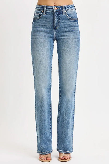 Plus size Risen high-rise straight jeans with tummy control, featuring a full-length fit and classic denim style.
