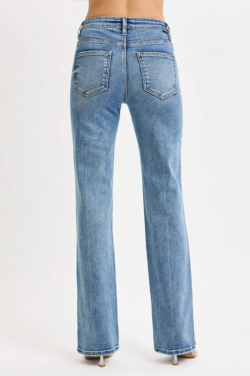 Plus size RISEN high-rise straight jeans with tummy control, featuring a full-size fit and classic denim look.