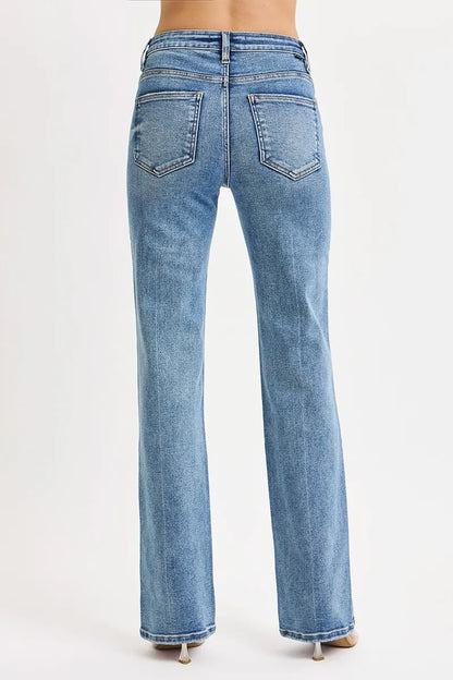 Plus size RISEN high-rise straight jeans with tummy control, featuring a full-size fit and classic denim look.