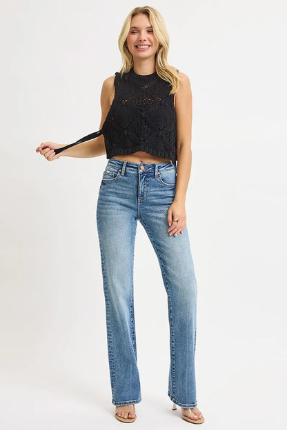 Plus size RISEN high-rise straight jeans with tummy control and full size design, shown in medium wash denim.