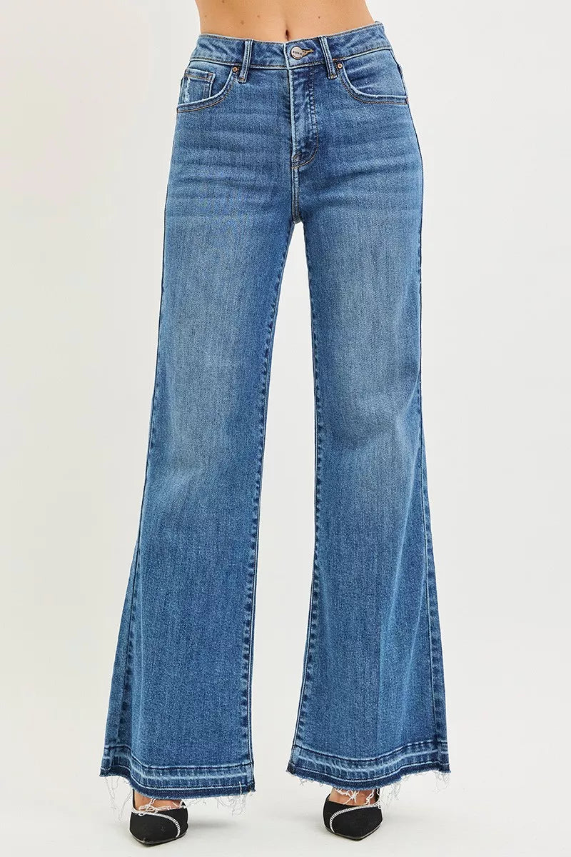 Risen high-rise wide-leg jeans with a released hem, featuring a relaxed fit and stylish casual denim look.