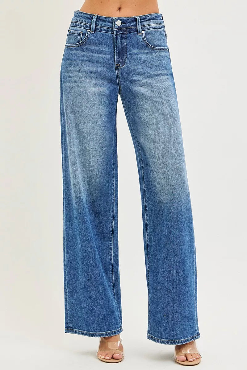 Risen slouchy baggy jeans with front and back pockets, casual denim style, by Trendsi.