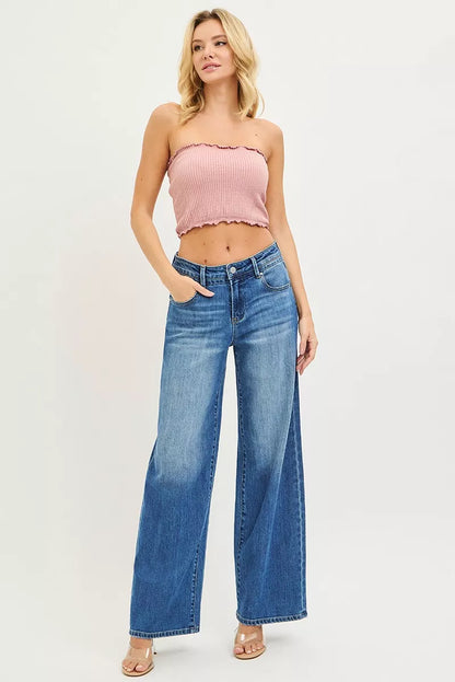 Risen slouchy baggy jeans with front and back pockets, relaxed fit, casual style, denim fabric, by Trendsi.