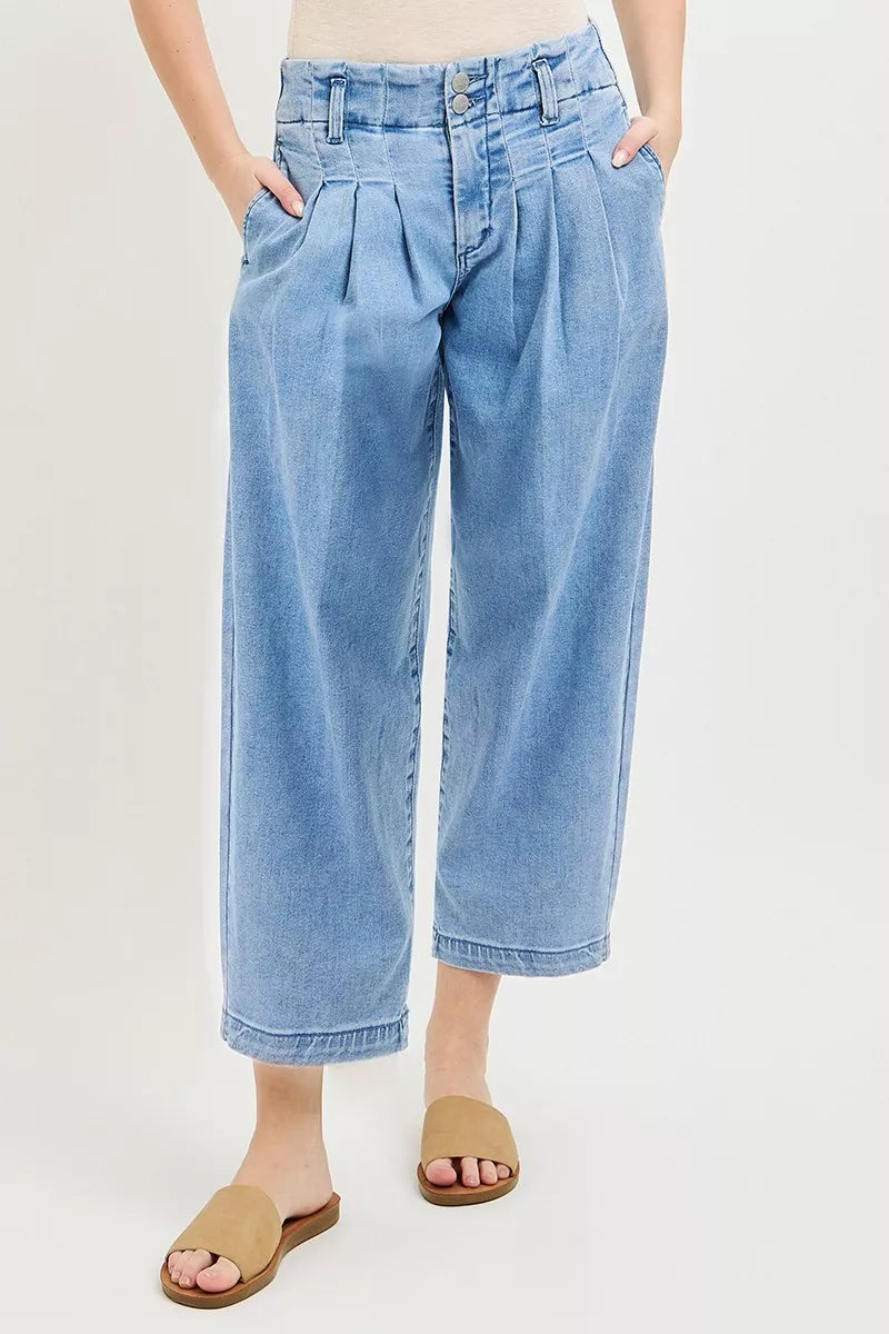 RISEN slouchy crop barrel pleated jeans by Trendsi, featuring a relaxed fit with pleats and a stylish cropped silhouette.