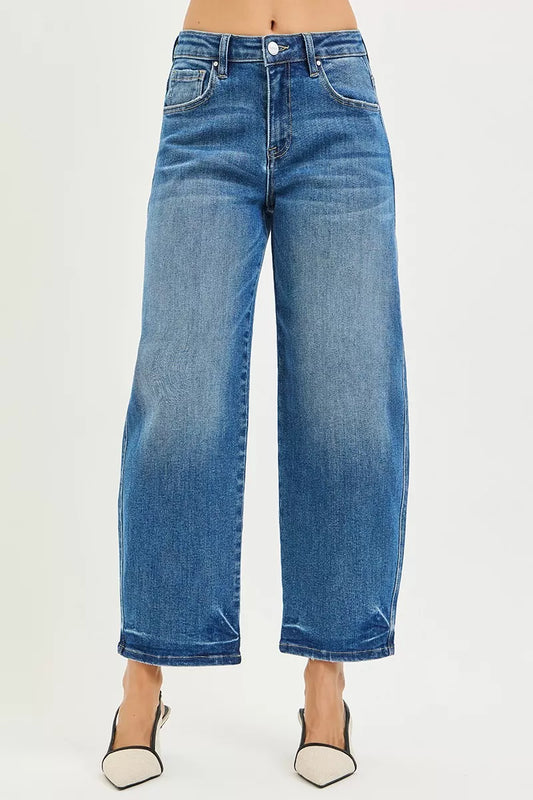 Medium-length RISEN Slouchy Cropped Barrel Jeans by Trendsi shown on model, featuring relaxed fit and stylish cropped design.