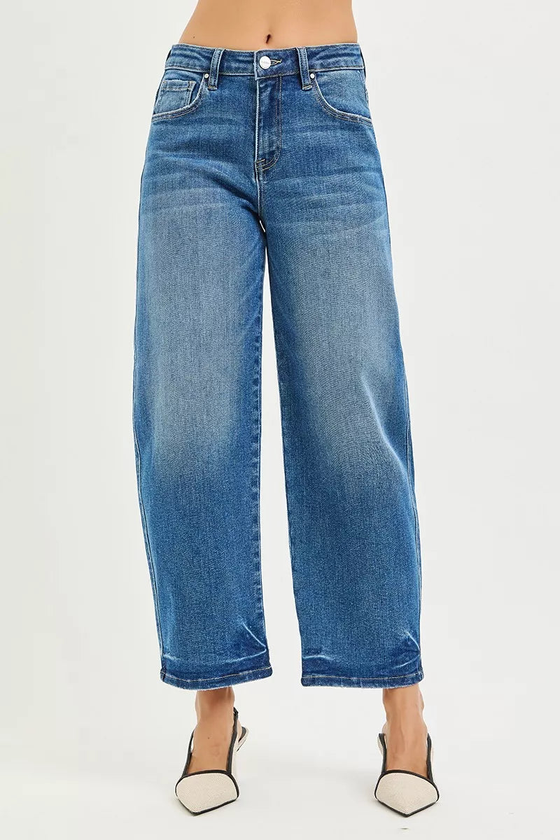 Risen Slouchy Cropped Barrel Jeans in light denim with relaxed fit and distressed details, styled with casual top and sneakers