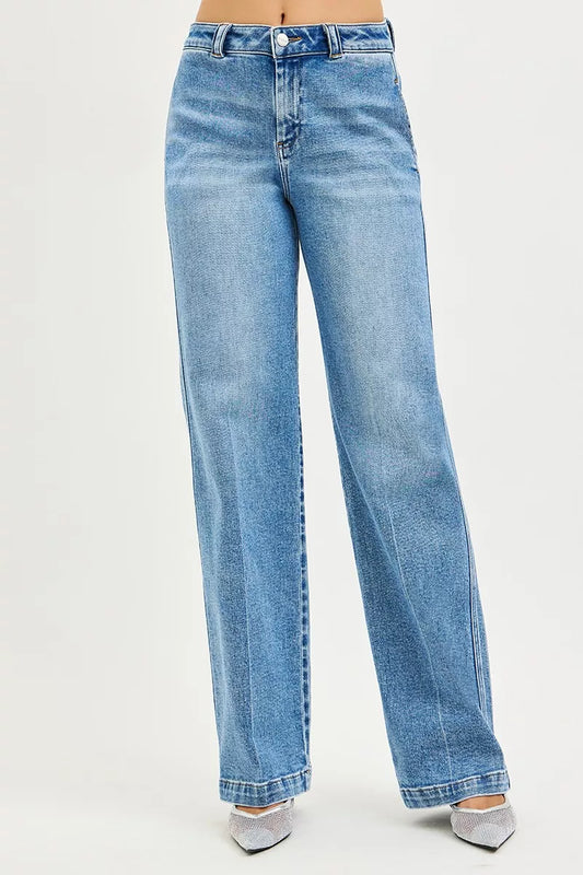 Medium shot of Risen Slouchy Straight Jeans by Trendsi, showcasing relaxed fit, light wash denim, and classic straight-leg style.