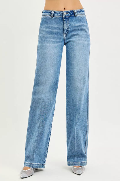 Light blue RISEN Slouchy Straight Jeans from Trendsi, showing relaxed fit, front pockets, and classic denim style.