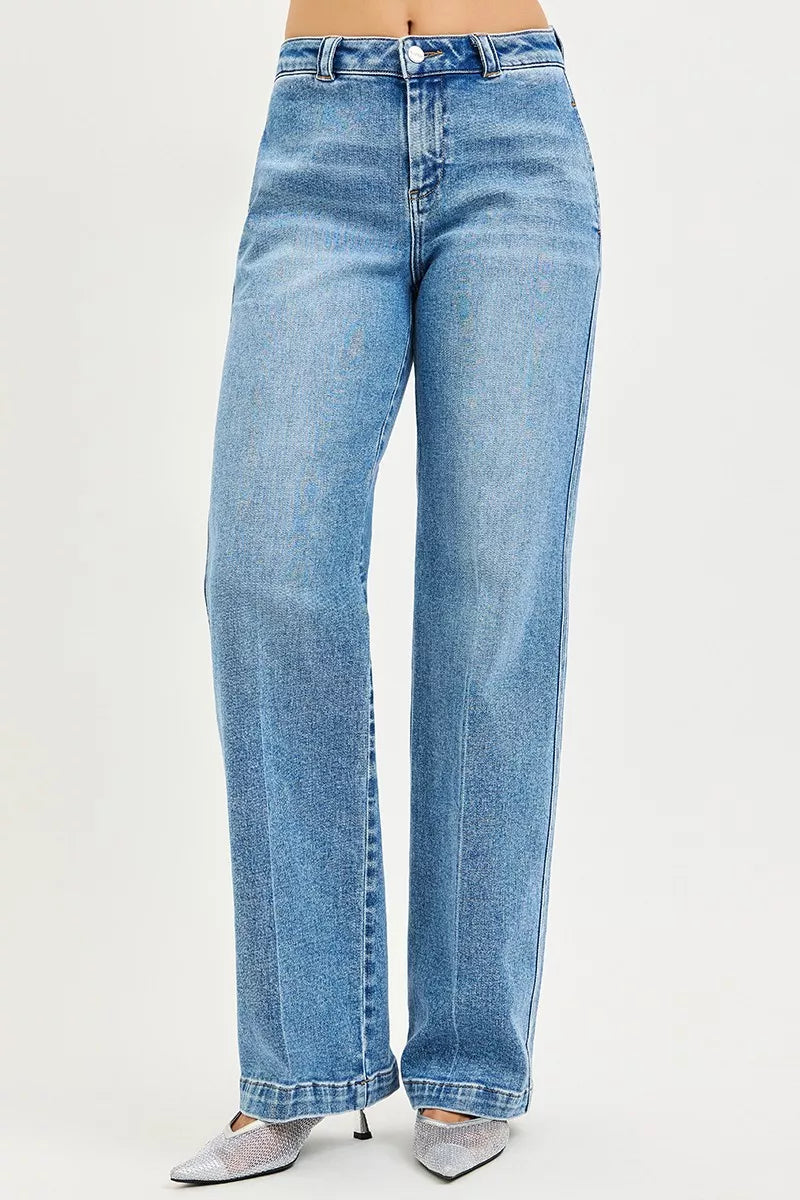 Light blue RISEN slouchy straight jeans from Trendsi, with a relaxed fit and classic denim style, shown on a model.