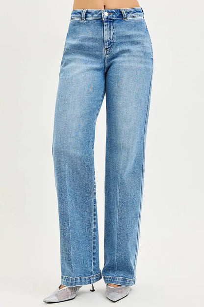Light blue RISEN slouchy straight jeans from Trendsi, with a relaxed fit and classic denim style, shown on a model.