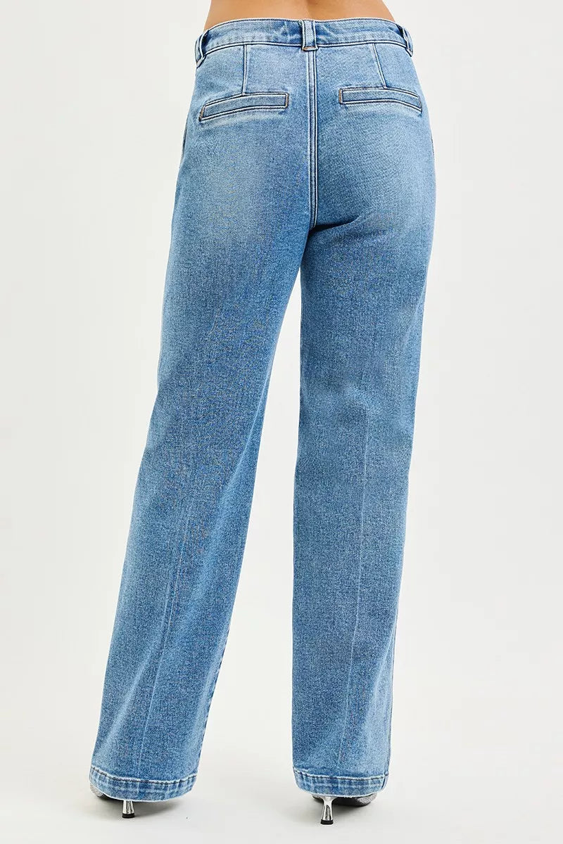 Medium wash RISEN Slouchy Straight Jeans from Trendsi, showcasing relaxed fit and classic denim style with visible stitching.