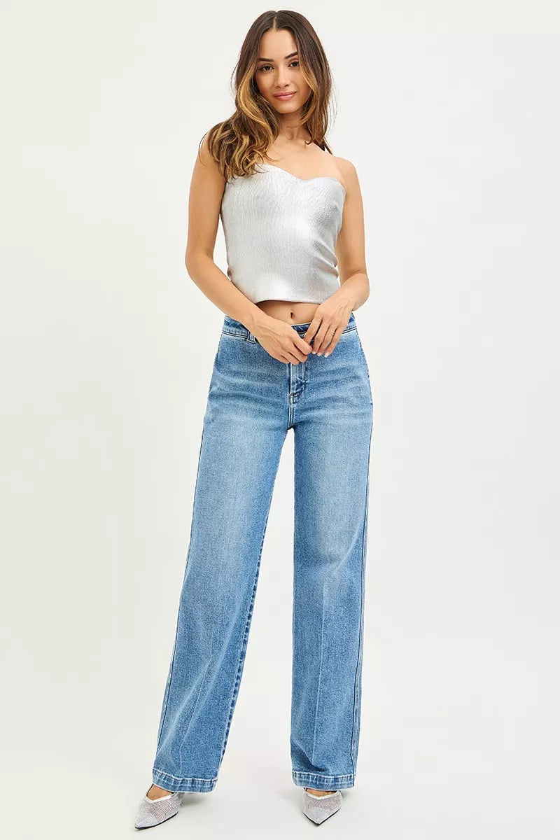 Light blue RISEN Slouchy Straight Jeans from Trendsi featuring a relaxed fit and classic five-pocket design.