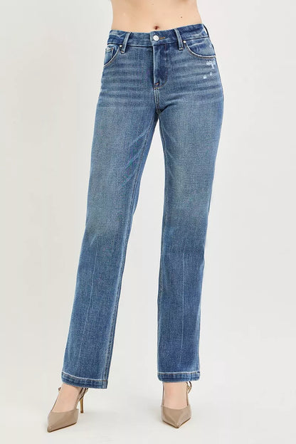 Medium-rise Risen Tummy Control straight pants by Trendsi with 4-way stretch fabric and crease line detail.