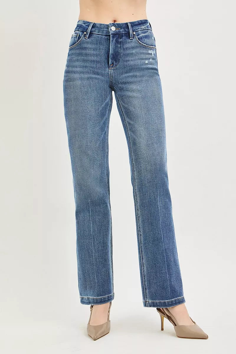 Mid-rise RISEN tummy control straight pants by Trendsi with 4-way stretch and crease line detail, shown in a medium size.