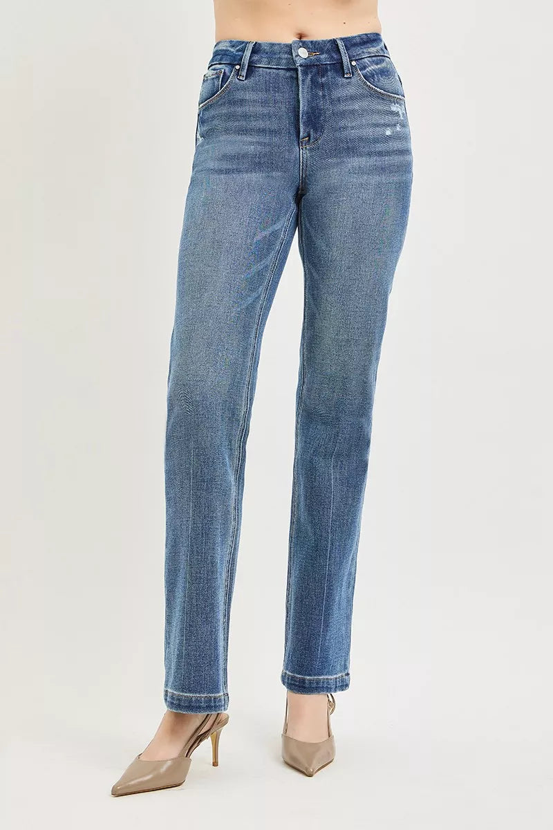 Risen Tummy Control 4-way Stretch Mid Rise Straight Pants with crease line, stylish and comfortable from Trendsi.