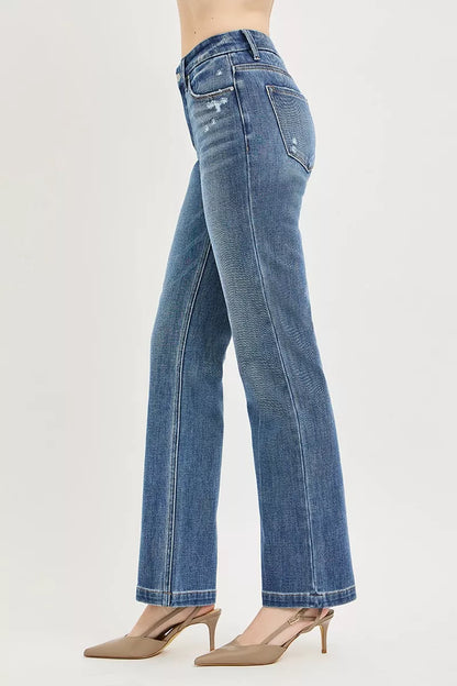 Risen Tummy Control mid-rise straight pants with 4-way stretch and crease line, shown in a medium size.