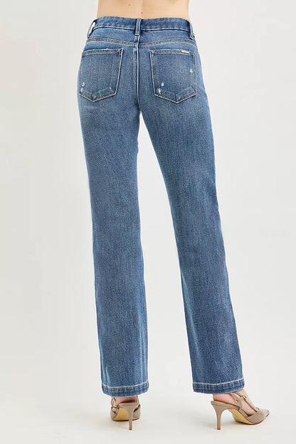 Medium-length RISEN Tummy Control 4-Way Stretch Mid-Rise Straight Pants with crease line, stylish and comfortable for daily wear.