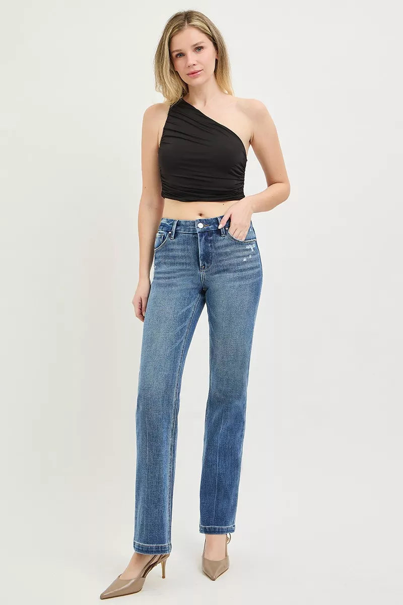 Risen Tummy Control mid-rise straight pants with 4-way stretch and crease line, shown in a medium size, from Trendsi.