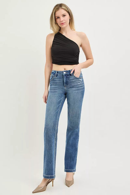 Risen Tummy Control mid-rise straight pants with 4-way stretch and crease line, shown in a medium size, from Trendsi.